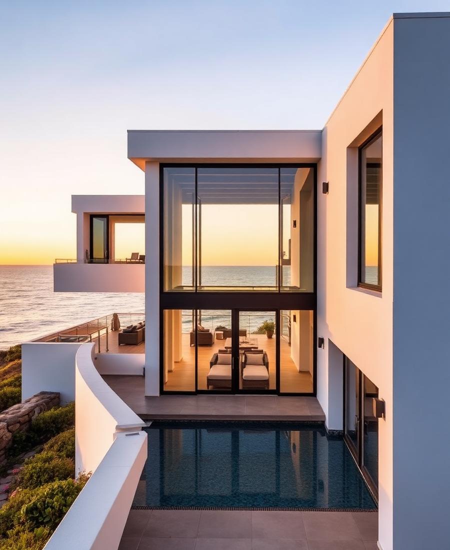Modern multi-level residence at sunset with pool and terraces