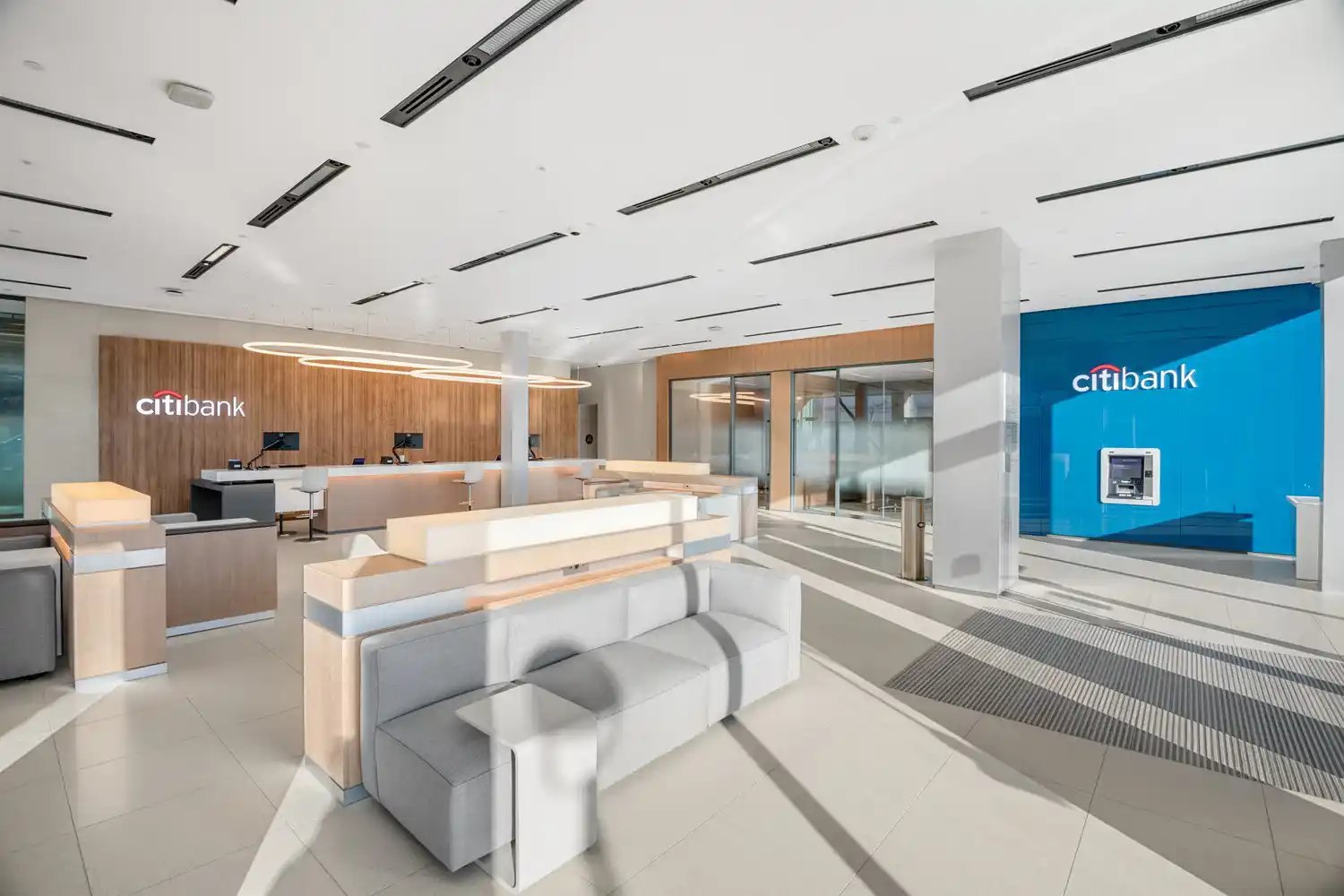 Commercial interior with faceted ceiling and reception